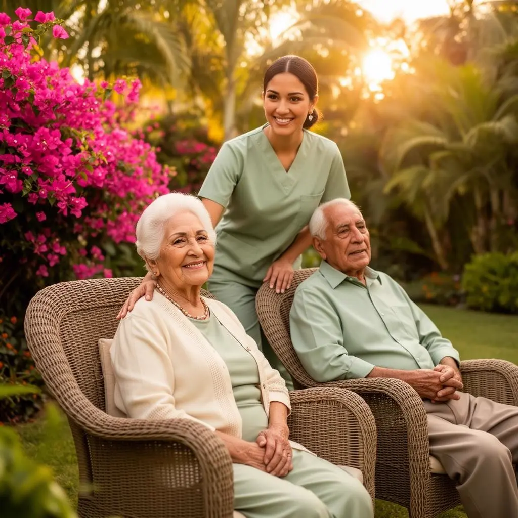 Abuelos descansando en el jardín acompañados por una enfermera